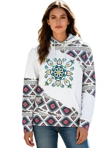 Women's Bohemian Aztec Tribal Print Hoodie - Mandala Floral Patchwork Long Sleeve Hooded Sweatshirt with Drawstring & Kangaroo Pocket, Casual Loose Fit Ethnic Geometric Pullover Top for Fashionable Everyday Outfits