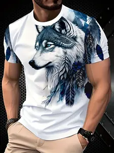 Men's Casual Fashion Clothing Streetwear Stylish Breathable T-Shirt - White Crew Neck Regular Version, Machine Wash Durable Digital Print, Outdoor and Daily Wear, Natural Themed Wolf Pattern Comfortable Fabric, Tropical