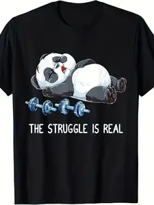 Funny Weightlifting Gym Humor T-Shirt - Panda "The Struggle Is Real" Graphic, Soft Breathable Cotton Unisex Tee for Men &, Fitness Suffering Face for Lifting, Casual Crew Neck Short Sleeve Top