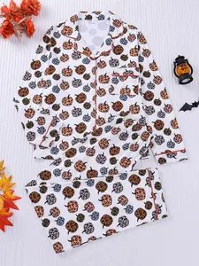 2-piece fun pumpkin leopard print Halloween print long sleeved pants with soft and comfortable skin friendly smooth button closure top, small pocket elastic waistband suitable for all seasons casual home wear pajamas