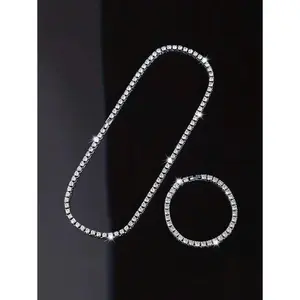 kuuioe 2pcs/Lot Tennis Chain Single Row Diamond Fashionable Chain Bracelet Necklace Unisex Shining Hip Hop Style Jewelry Set