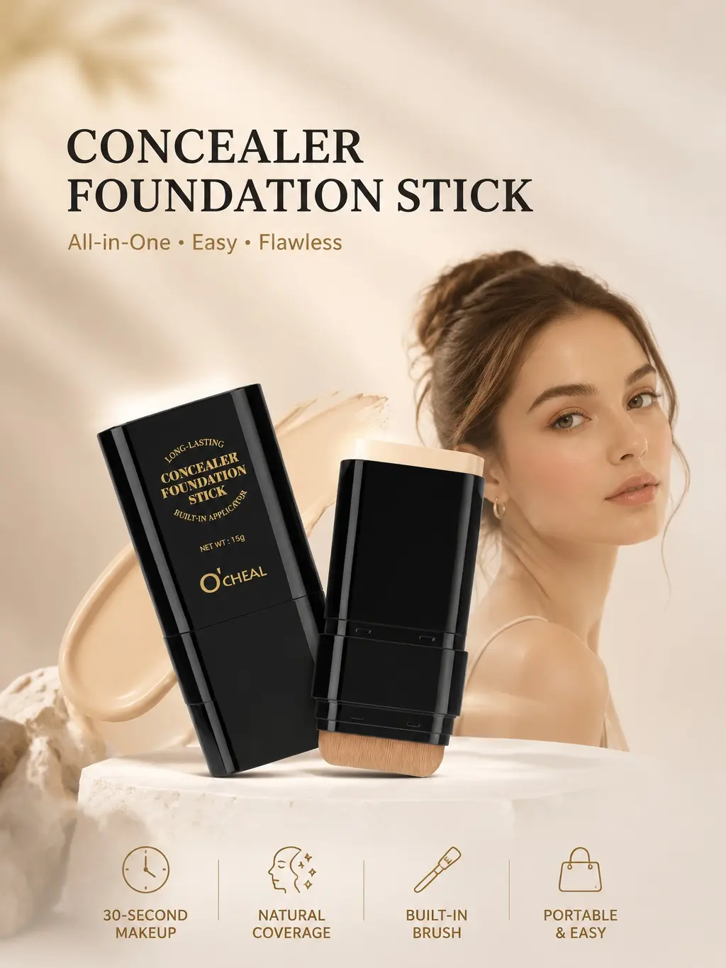 Dual-End Concealer Stick Cosmetic - 5 Shades, Waterproof, Hydrating, Built-In Brush, Flawless All-Day Coverage, Foundation Complement for Makeup Routine & Even Skin Tone