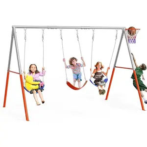 JOYMOR 3-Seats Swing Sets for Backyard with Basketball-Hoop, Kids Metal Swing Sets for Outdoor with 3 Height-Adjustable Seats, 6 Locking Threaded Hangers, Suitable for DIY, 3-12Yr (Orange&Blue)