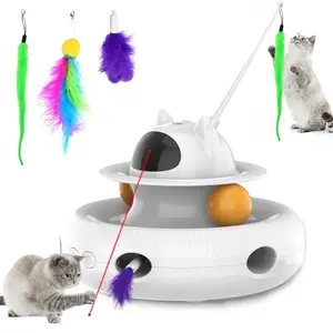 Interactive 3-in-1 Cat Toy with Laser, Feather & Rolling Balls | USB Rechargeable Cat Teaser Wand for Indoor Cats, White Cornmi