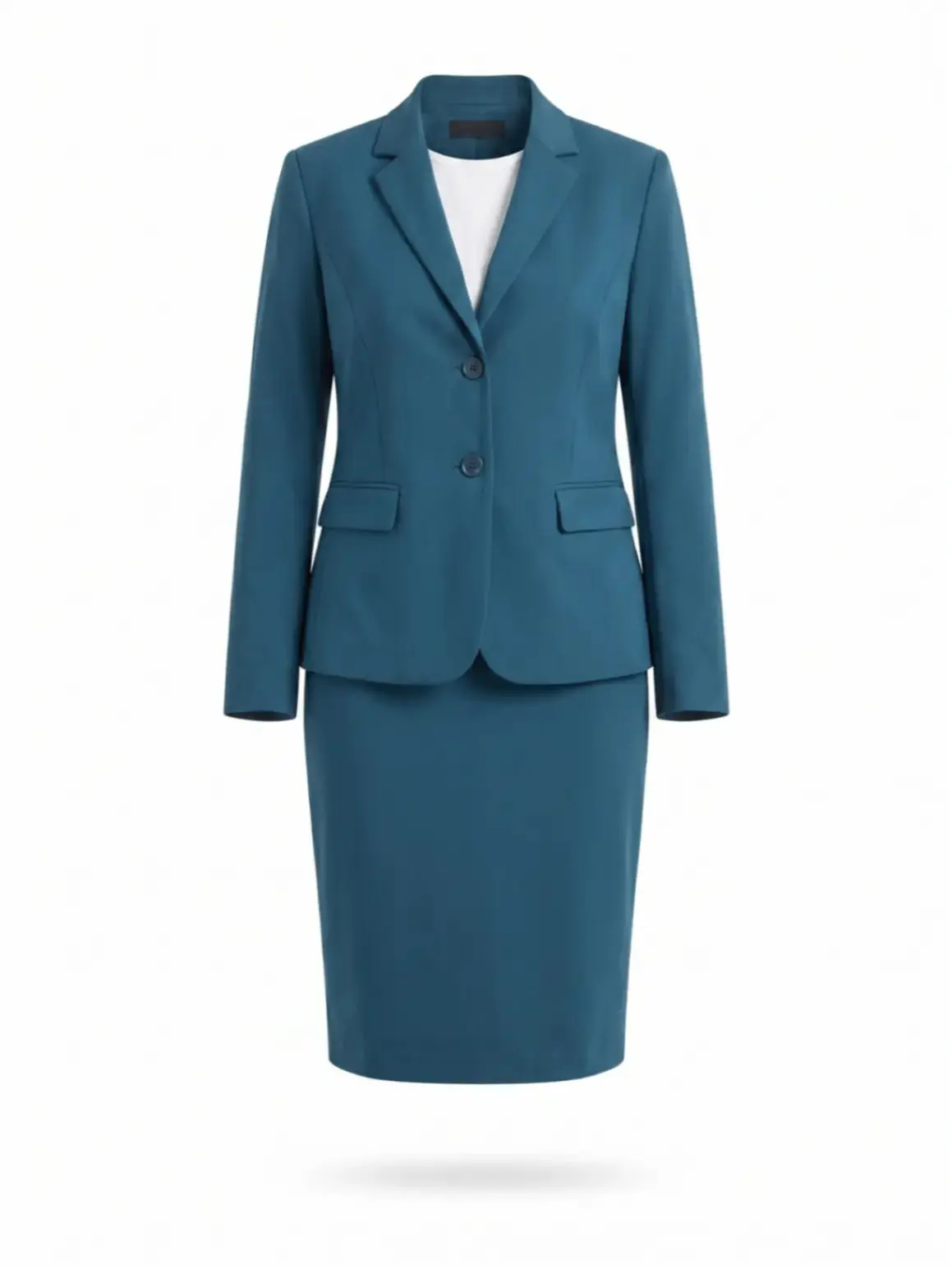 Women's 2-Piece Basic Executive Ready-to-Wear Suit - Teal Long-Sleeve Chic Tailored Crepe Blazer, Matching Fitted Knee-Length Pencil Skirt, Button, Classic, Office Wear, Business, Fabric, Solid, Elegant, All Seasons, Dry Clean, Full Sleeves