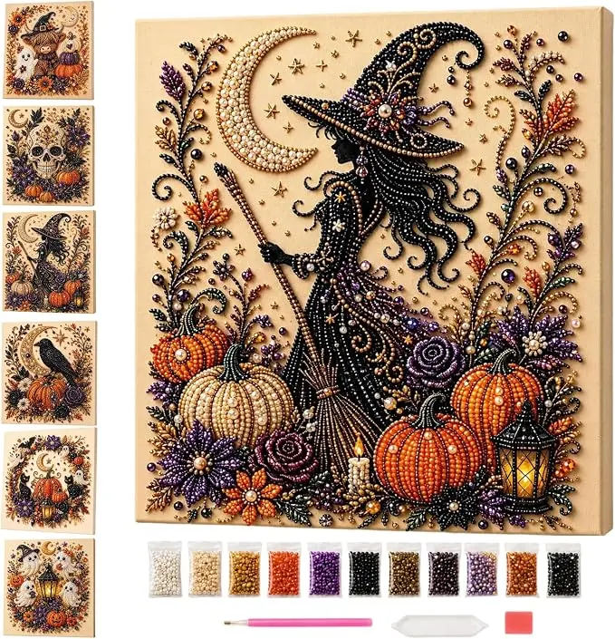 Halloween Witch Ghost Pearl Diamond Art DIY Kit, Diamond Painting Crafts Kit for Adults, Spooky Cute Ghost Pumpkin Canvas Art, DIY Fall Home Halloween Decor Wall Art, Beginner DIY Gift
