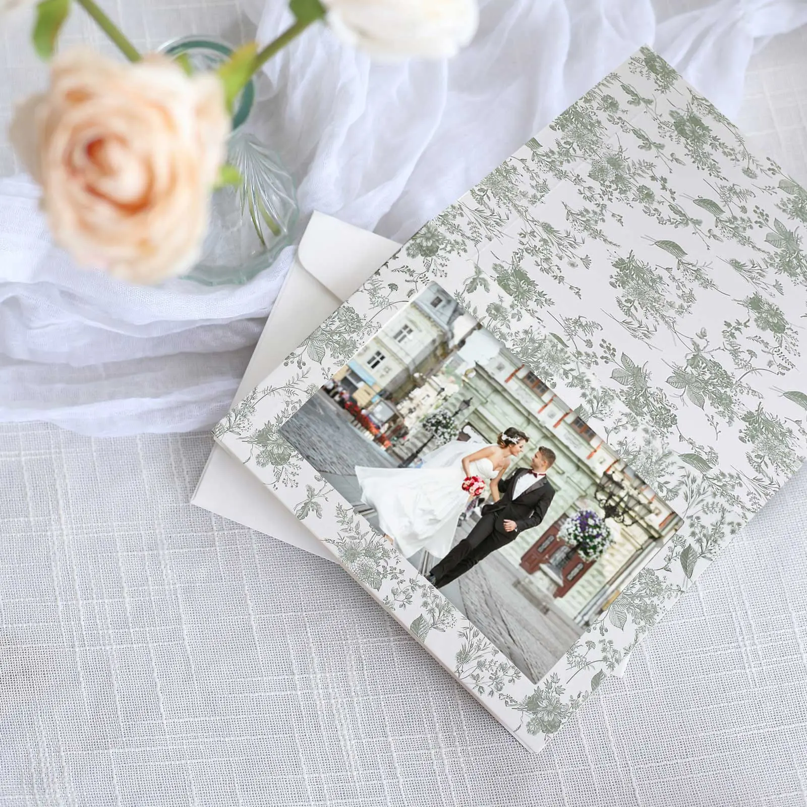 25-Pack White Sage Green Floral French Toile Stationery Greeting Cards with Envelopes - Picture Insert Cards for Parties, Milestones, Wedding Events (3.5"x5.5")
