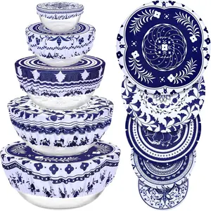 5 Pieces Bowl Covers Reusable, 5 Size Elastic Cloth Fabric Bowl Covers for Bread Proofing Stretch Food Covers Washable for Food Fruits Leftover (Blue)