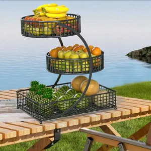 3 Tier Round Metal Storage Rack - Polished Finish, No Assembly Required, Multi-Tier Organizer for Kitchen & Bathroom, Fruit & Vegetable Baskets, Mesh Design, Stylish Kitchen Storage Solution