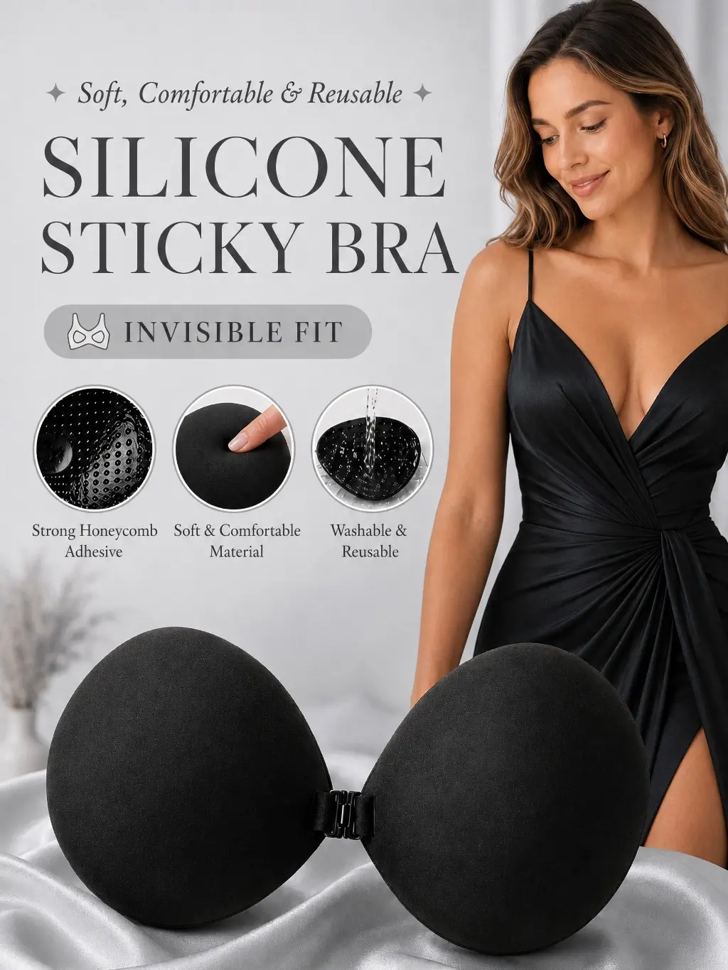 Women's Strapless Sticky Push Up Bra - Polyamide, Soft, Comfortable, Reusable, Invisible Fit, Strong Honeycomb Adhesive, Washable, Everyday Basic Seamless Design, Sticky Bra Push Up