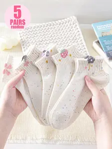 Women's Ankle Socks Set, Cute Bowknot & Strawberry Flower Design, Polka Dot Short Socks, Casual Spring Summer Wear, Comfortable Soft Fabric