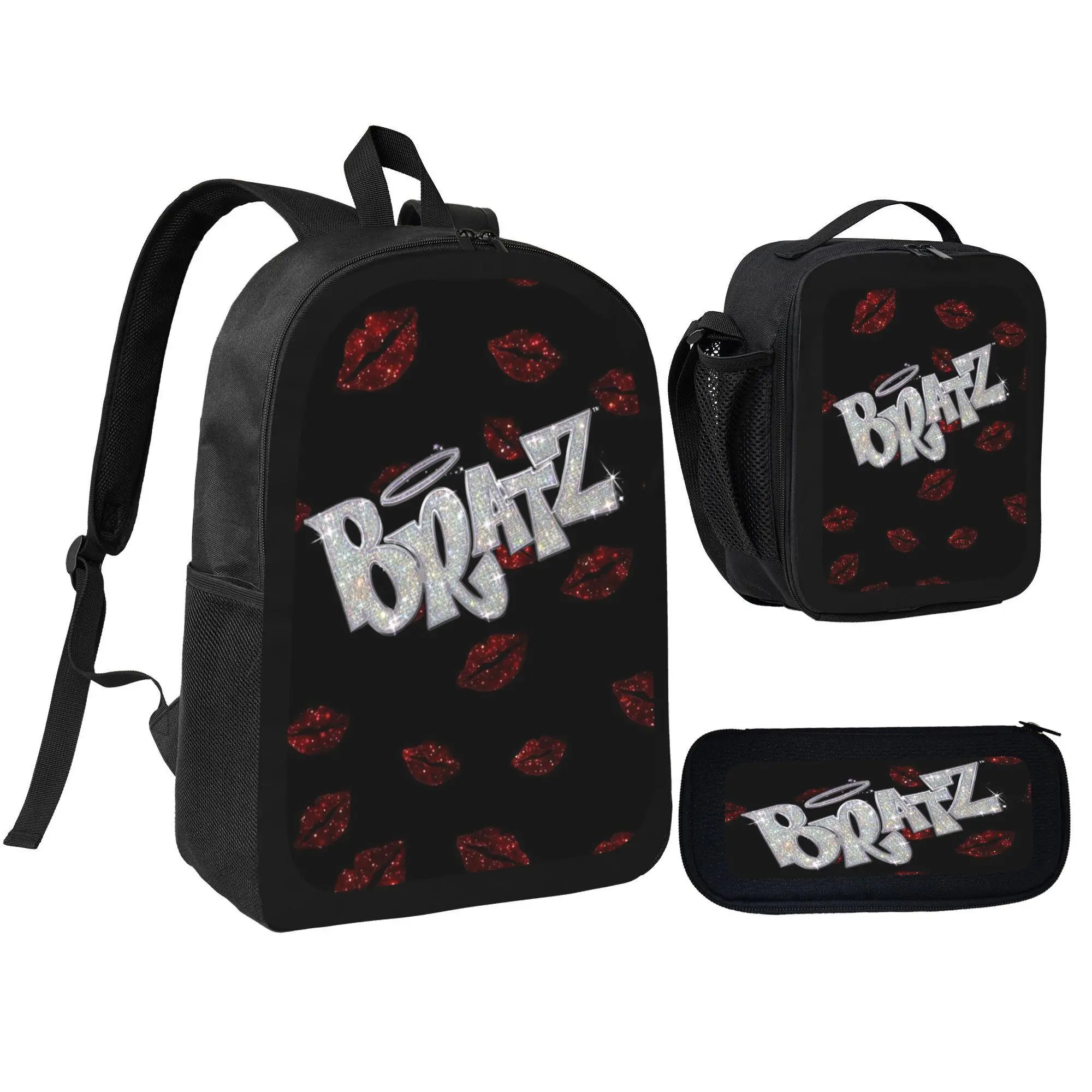 Bratz Fashion Doll Character Print 3-in-1 Polyester Backpack Set - Insulated Lunch Bag, Pencil Case, Large Capacity School/Hiking Bookbag, Adjustable Casual Lightweight Travel Daypack for Fashion Fans
