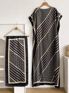 Elegant Casual Long Robe Set, Multicolor Geometric Print Shawl Dress + Headscarf Scarf, Women's Beach Sun Protection Swimwear Coverups Satin Silk