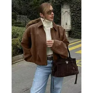 Aviator New In Coats And Jackets,Zip Up Long Sleeve Women's Winter Jacket,Suede Jacket,Oversized Pilot Jacket Cropped Fit, Casual 2025 Streetwear Pleats Short Jacket Woman