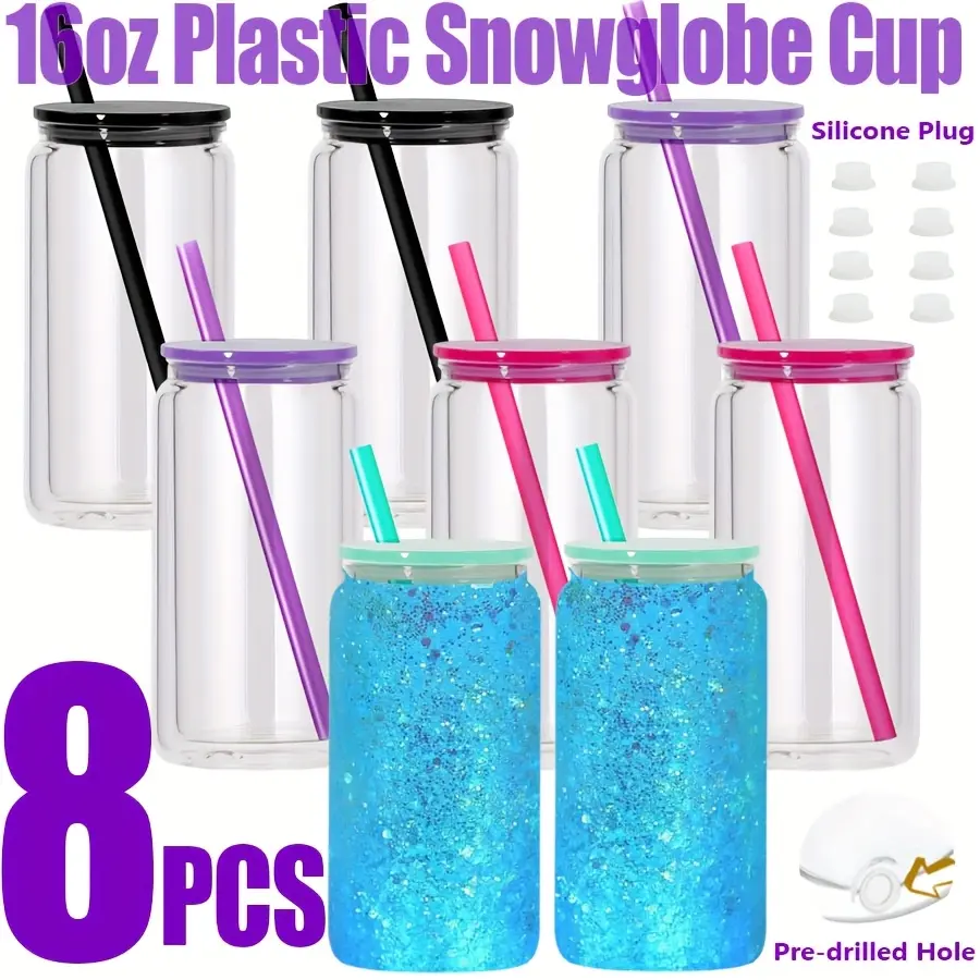 8pcs 16oz Plastic Snowglobe Cup with Pre-Drilled Hole And Silicone Plug, Double Wall Plastic Clear Can Shaped Cold Drinking Snow Globe Tumbler with Straws And Lids, for Glitter Snow Globe DIY And UV DTF Transfers