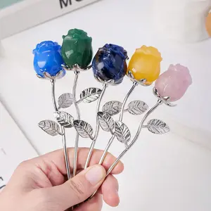 Natural Crystal Rose Carving Stone Ornament, Crystal Carvings, Home Decor Indoor Scenery Decoration, Valentine's Day Gift, Single Head Flower Sculpture