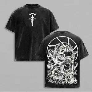 Fullmetal Alchemist Brotherhood Oversized Graphic Tee | Vintage Acid Wash Heavy Cotton T-Shirt | Classic Anime Streetwear & Retro Manga Apparel