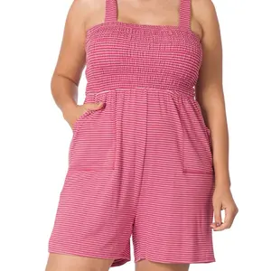 Zenana-Beach Day Smocked Top Striped Romper W/Pockets (Plus Size)