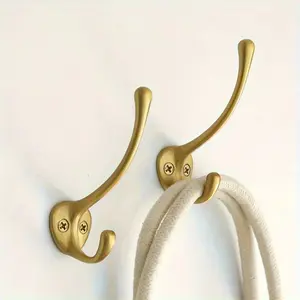 2pcs Heavy Duty Brass Coat Hooks with Rustic Style - Polished Finish Wall Mounted Hanger for Clothes, Hats, Bathroom, Wardrobe