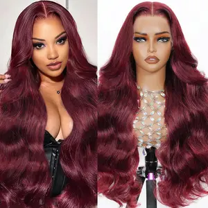 KINGSUP 13x6 HD Lace Front Wig Human Hair 99J Burgundy Pre Plucked Straight & Body Wave Wigs for Women 200% Density 22-34 Inches Adjustable Cap Size