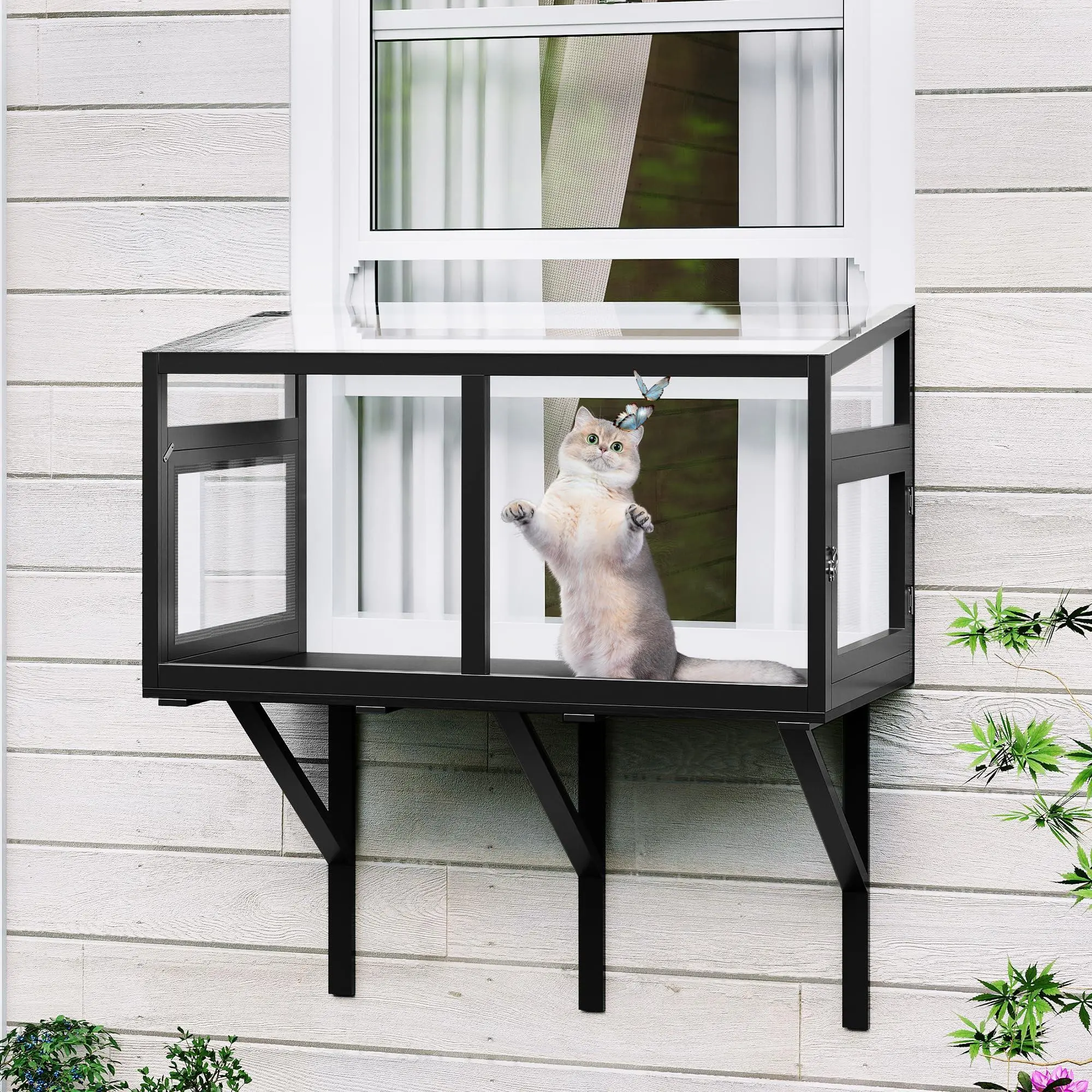 Cat Window Box with Clear Panels, Universal Indoor/Outdoor Catio for Windows 24"-38", Weatherproof Wood Cat Window Perch for Sunbathing, Birdwatching & Napping Black