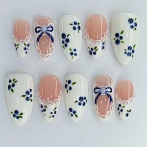 J16 Nailed by Vibe -Elegant Blue Floral Lace Press On Nails, Soft Nude & Ivory Base, Delicate White Lace French Tips, Handmade Nail Art, Gift for Her