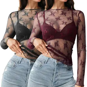 Women's2PackT-ShirtsBasicMeshLaceLongSleeveTopLayeringTopMockNeckSeeThroughFloralLaceShirtBlouseLightweightCasualTeeSummertokCitygirlvintage90stopsWomenswearBlack&WhiteShort
