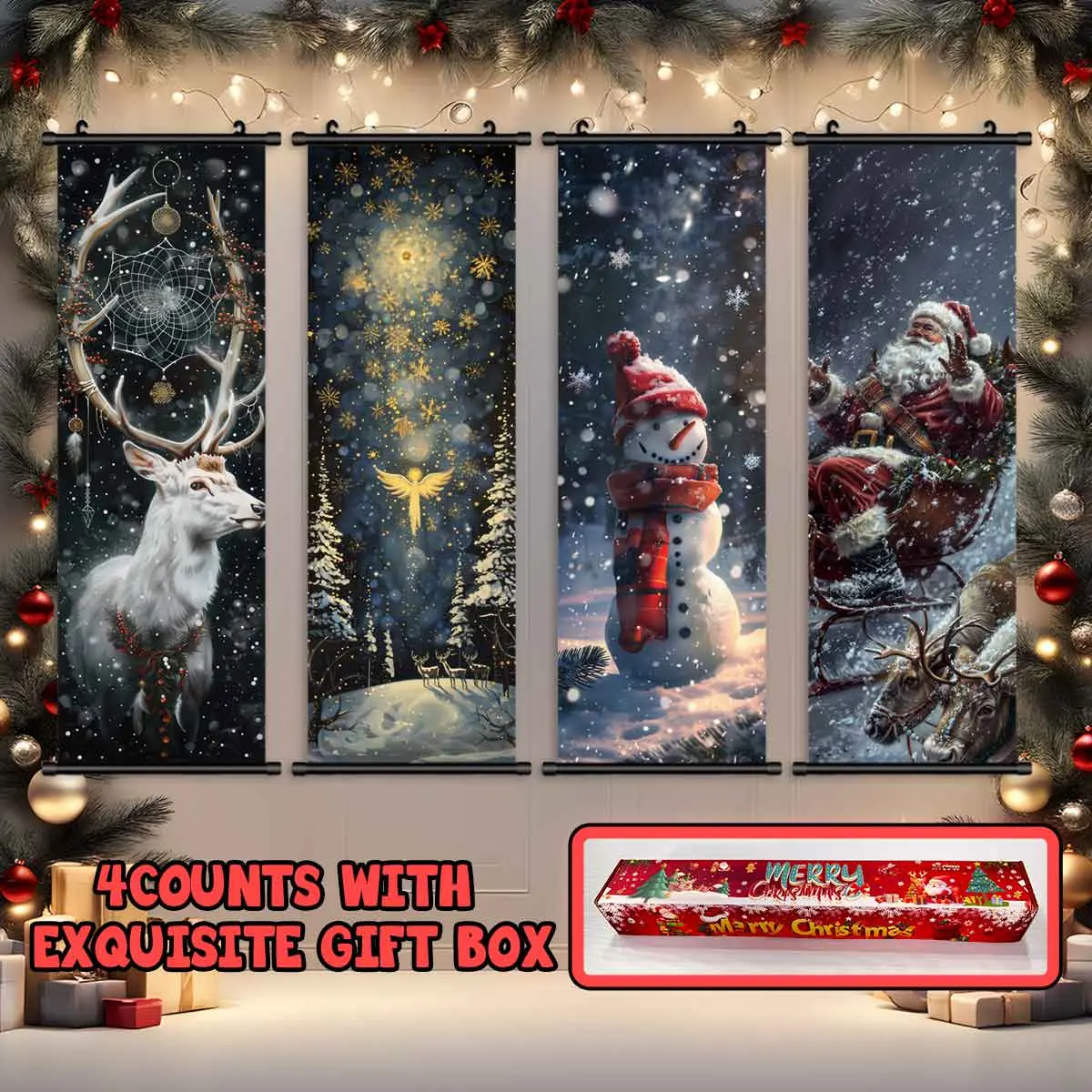4-Piece Christmas Wall Art Set, Santa Claus & Tree Designs, Modern Home Decor Posters, Waterproof HD Prints, Gift Box Included
