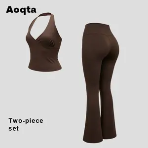 Aoqta women’s stretchy sports set, 2-piece knit apparel: sleeveless, backless V-neck halter top with crisscross wrap design and a fitted tank style; high-waisted solid color flared pants that shape the abdomen and lift the buttocks, suitable for yoga, fit