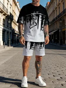 Stylish Men's Summer Suit: 3D black and white color-blocked irregular pattern short-sleeved T-shirt and casual athletic shorts, perfect for outdoor activities.