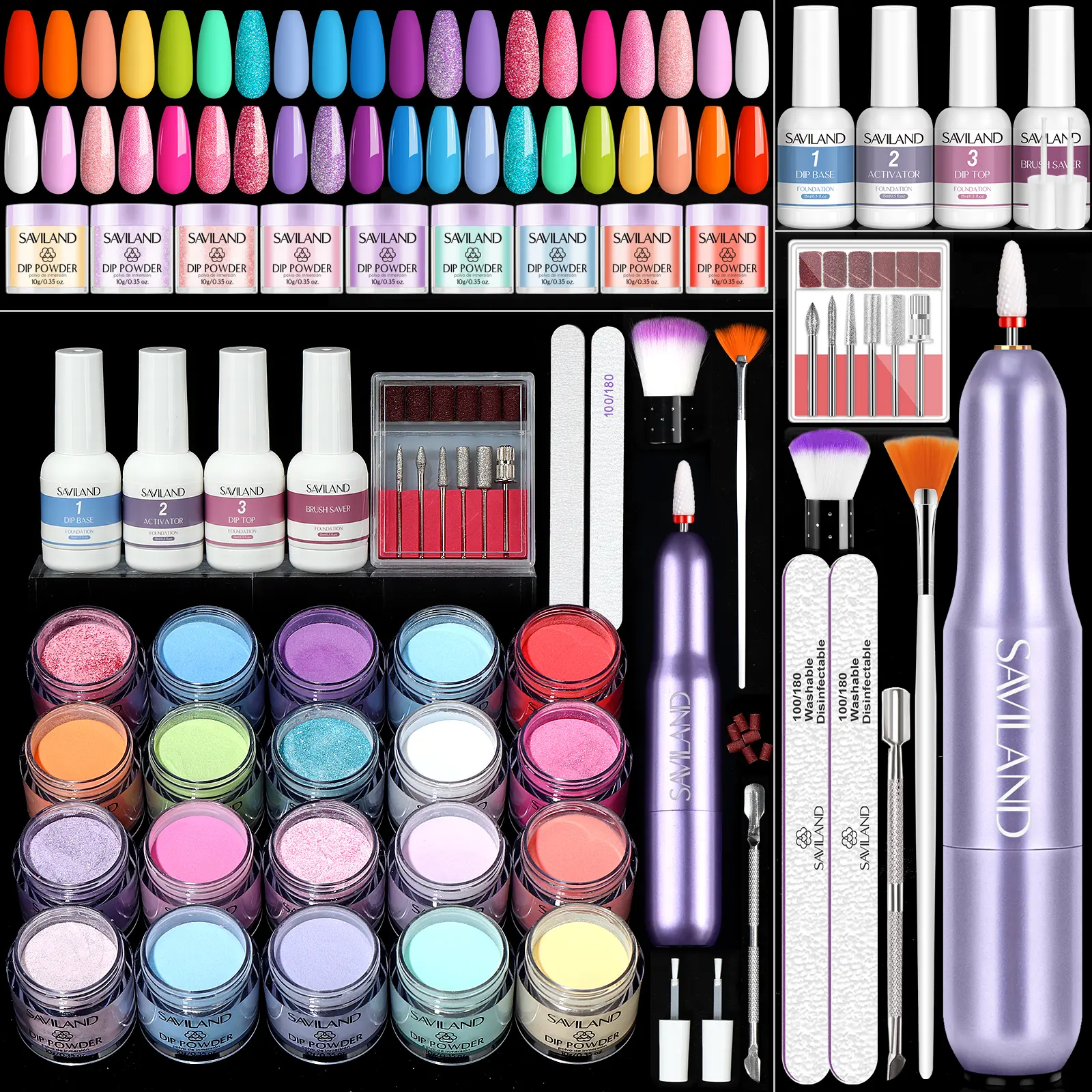 SAVILAND Dip Powder Nail Kit with Drill: 20 Color of Summer Dip Powder Complete with Dip Powder Liquids Base Top Coat Activator Salon-style Manicures