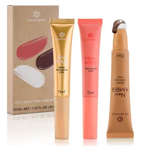 Color Nymph Liquid Makeup Wand Combo, 3-In-1 Cosmetic,Hydrating Brown Contour Stick Glow Liquid Highlighter Pigmented Blush For Cheeks Fine Texture Natural Blend Long Lasting (Brown Contour/ Bronzer+Blush+Highlighter)