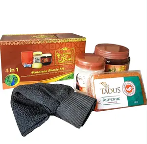 Royal Taous | Morrocan Beauty Set [4 in 1] - Moroccan Soap Natural + Taous Soap + Ghasoul for Hair & Skin + Hand Gloves Toiletries Kit Body Care