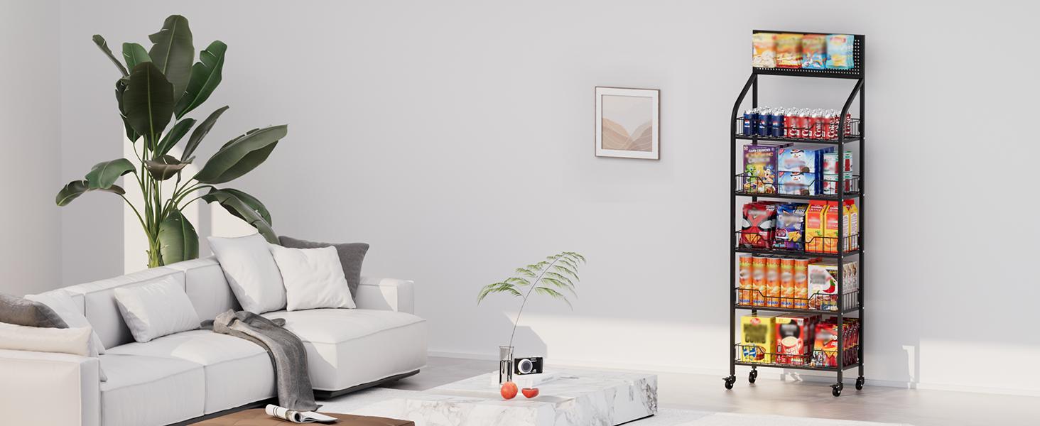 Commercial 5 Tier Freestanding Retail Display Rack for Snacks and Candy, Heavy Duty Q235 Steel Chip Stand with Sliding Baskets, 360° Rotating Silent Wheels, 4 Foot Pads & 10 Price Tags