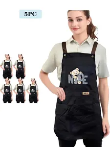 5 Piece Cute Shoulder Strap Apron Set, Waterproof Pocket Design, Simple Fashion Chef Apron, Gardening Apron, Home Kitchen Workwear