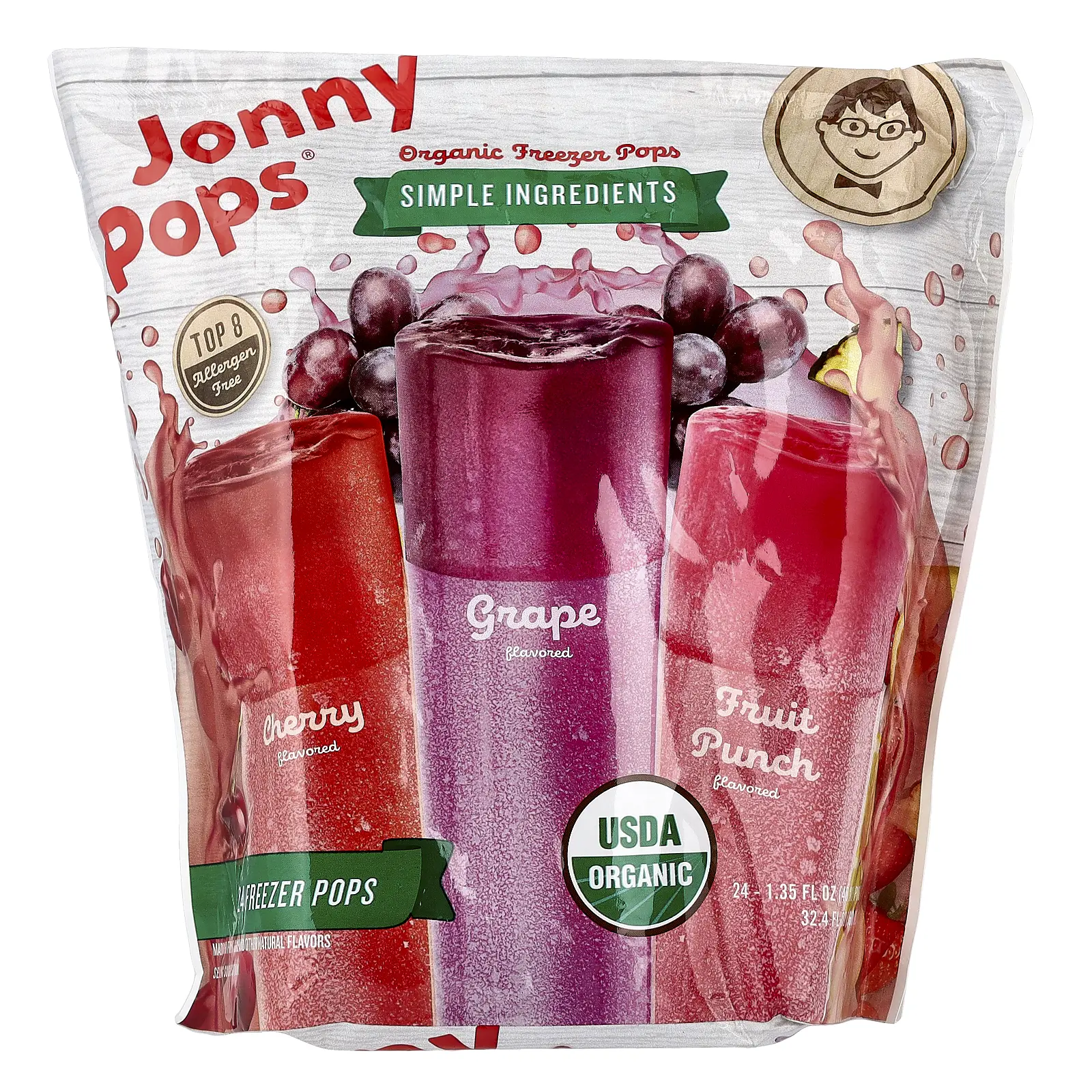 JonnyPops Organic Freezer Pops, Cherry, Grape, Fruit Punch , 24 Count, 1.35 fl oz (40 ml) Each