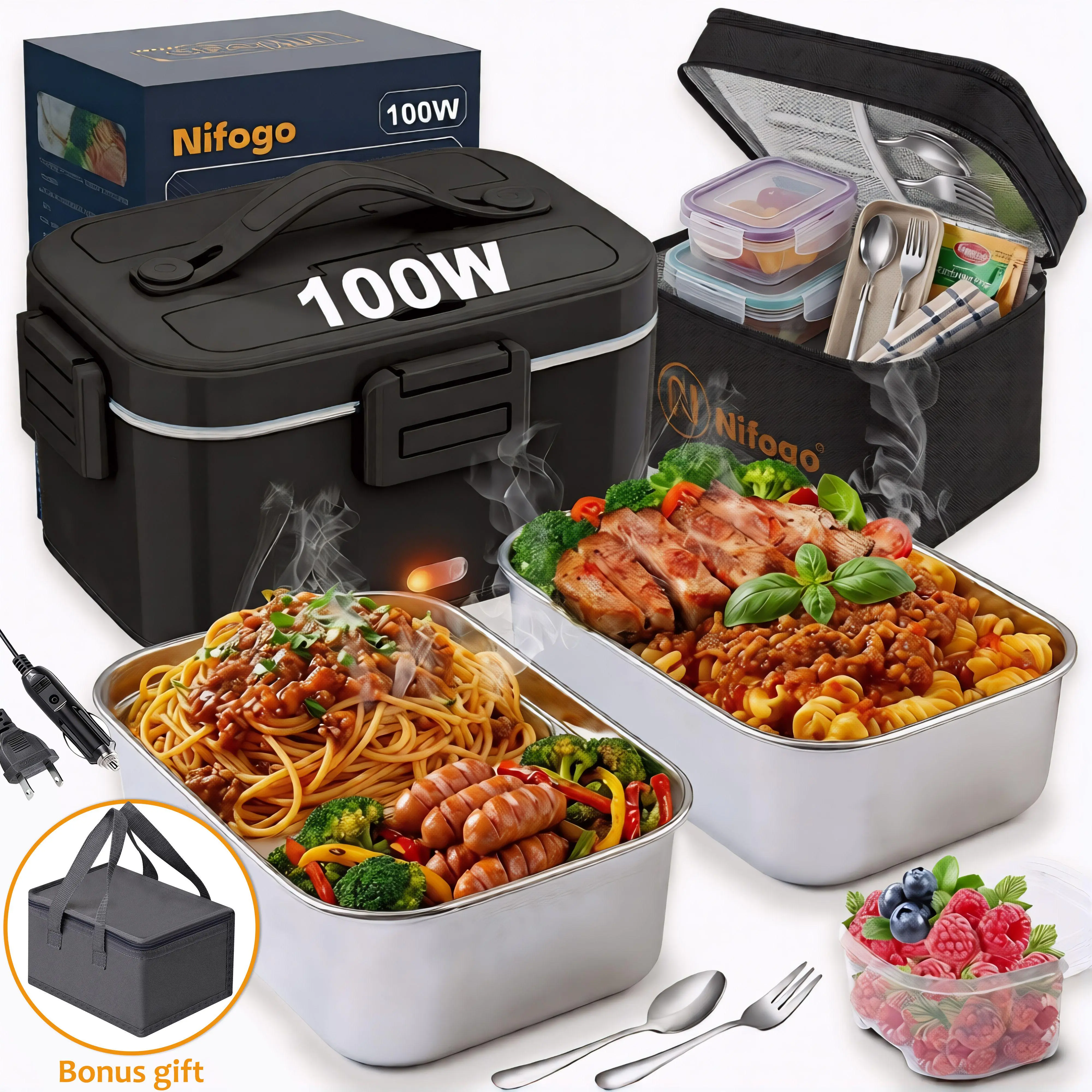 Nifogo Electric Lunch Box, Portable Food Heater with Tableware & Dish Cloth & Lunch Bag, Car & Home Portable Electronic Food Heater for Home Office Travel, 110V/12V/24V，SummerVibes