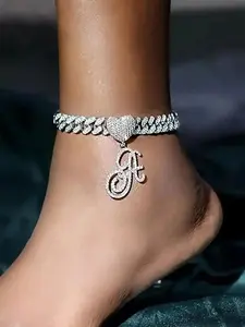 Rhinestone Decor Heart Letter Design Anklet Punk Style Cuban Chain Anklet Women Girls Trendy All-match Exquisite Body Jewelry Birthday Gift Fall Outfits Adjustable