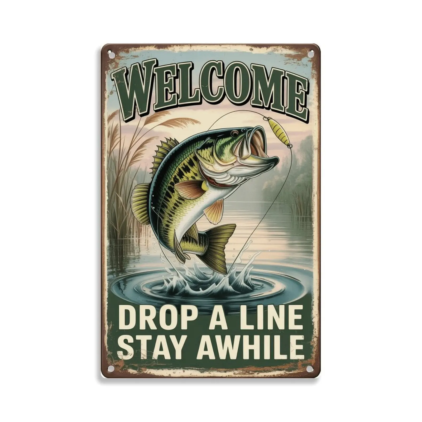 Fishing Welcome Vintage Bass Fish Metal Sign Print Aesthetic Room Decoration for Home Bedroom Kitchen Bar Dorm Bathroom Wall Decor 8 X 12 Inch