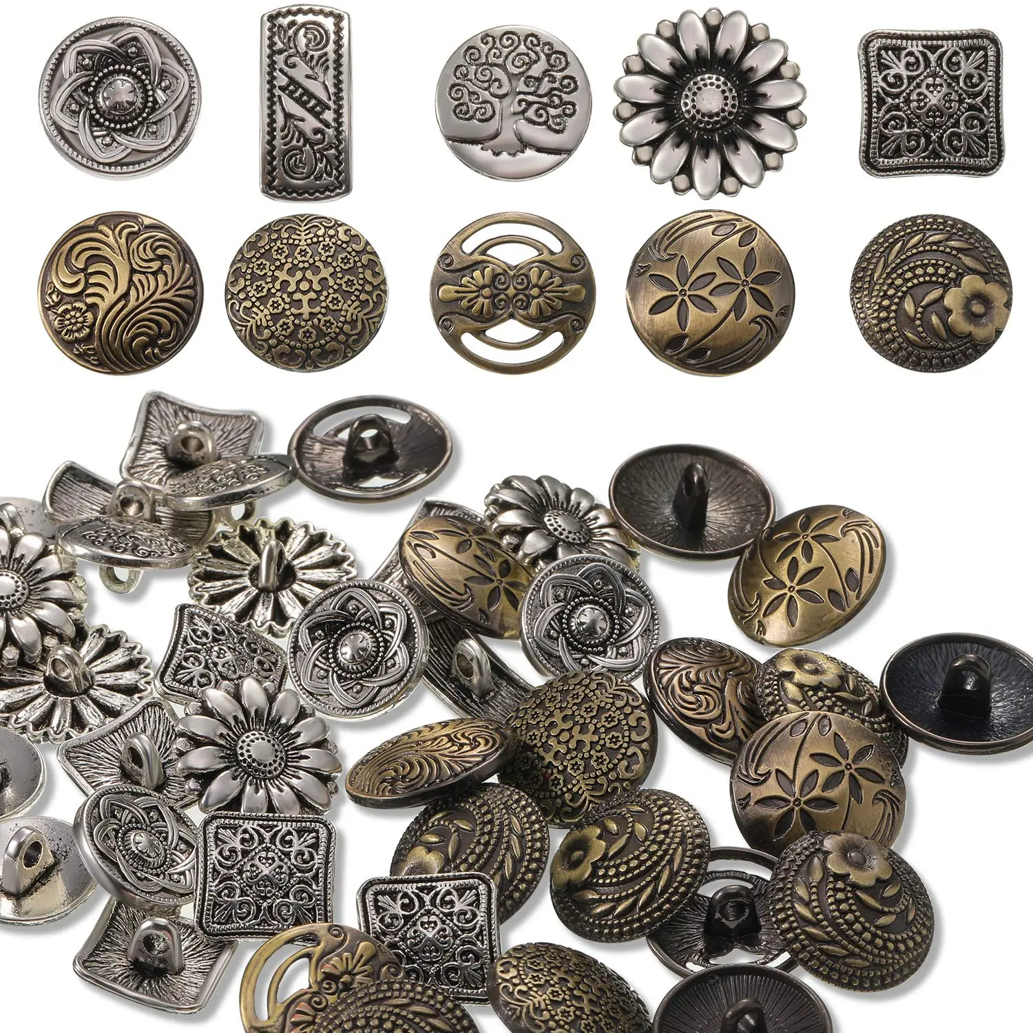 80Pcs/Set Metal Buttons,Mixed Vintage Style Buttons,Antique Silver and Bronze Color Flower Round Button for Crafts Sewing DIY Decorations,Halloween Christmas Party Gifts,Hand Tools Kits