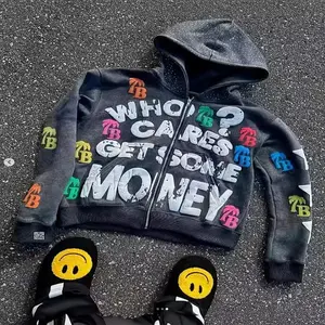 Neutral Y2K full-zip hooded jacket — red with TB letters and stars; oversized streetwear hoodie; machine-washable hip-hop jacket for teens and adults; autumn/winter urban fashion clothing; youth casual wear; vibrant sweatshirts and tops