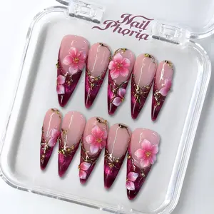 NailPhoria CRIMSON BLOOM -SUMMER Handmade Press-On Nails | Reusable, Salon-Quality, Long-Lasting, Glossy Design