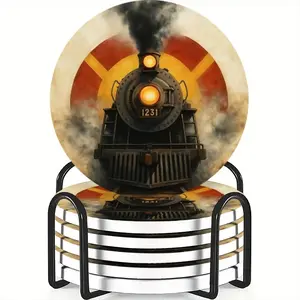 6-Piece Coaster Set Steam Train Design Ceramic Material Non-Slip Heat Resistant Ideal for Coffee & Drink Home Restaurant Decor Gift