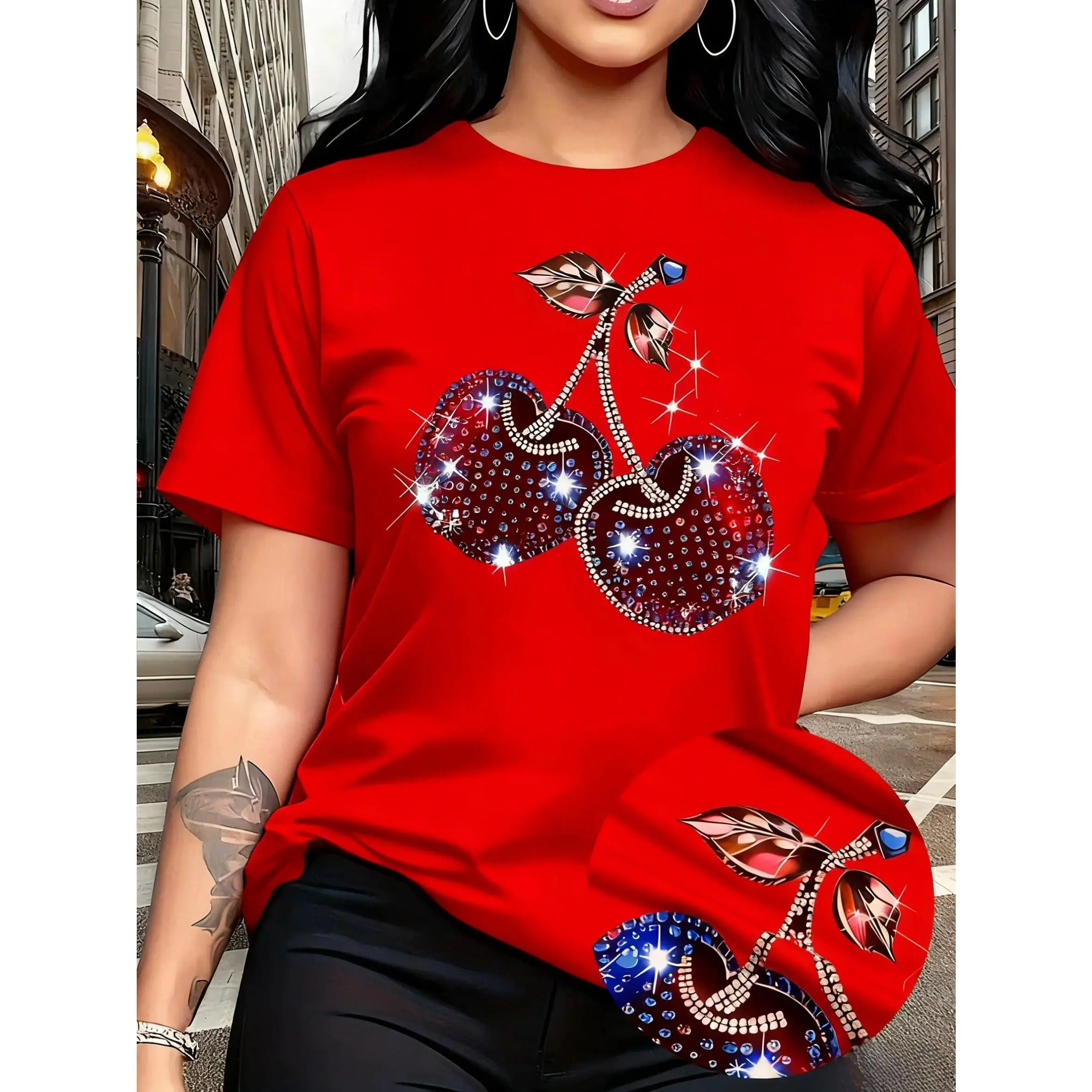 Women's T-Shirt with Sparkle Rhinestone Cherry Print, 100% Cotton Classic Fit Top for Parties and Casual Dates, Tops, Tshirt, Shirts For Women, Lady, Stylish Women's Wear