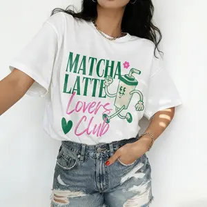 Women's Oversized Matcha Latte Lovers Club Graphic T-Shirt Short Sleeve Tee Retro Cartoon Cup Print Casual Streetwear Tops for Coffee Matcha Fans