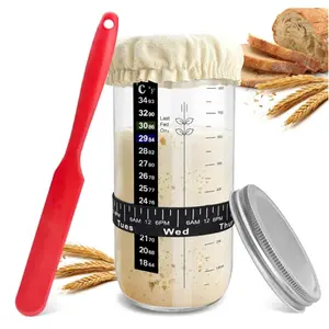 Sourdough Bread Starter Kit: 24 oz Glass Jar with Date-Marked Feeding Band, Thermometer, Silicone Spatula, Aluminum Lid & Cloth Cover for Perfect Homemade Sour Dough Bread Baking