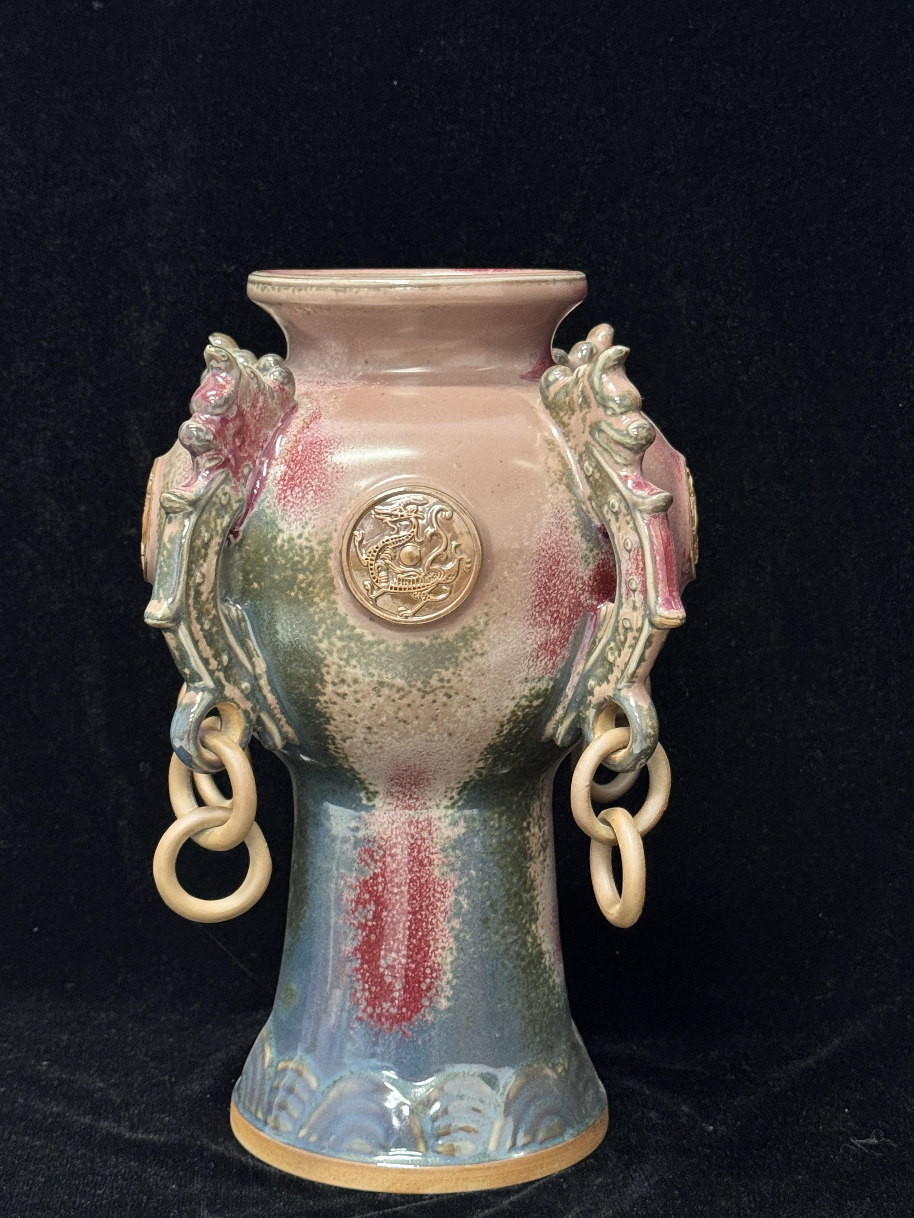 Handmade Chinese Jun Porcelain Vase with Dragon & Phoenix Relief, Vintage Kiln-Fired Glaze Ceramic Vase, Lucky Asian Art Home Decor