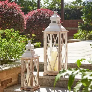 Large Farmhouse Wooden Metal Lantern Set of 2, 28.74" H/20." H Rustic Decorative Floor Candle Lanterns, Distressed Hanging Lanterns for Home Decor White (No Glass)