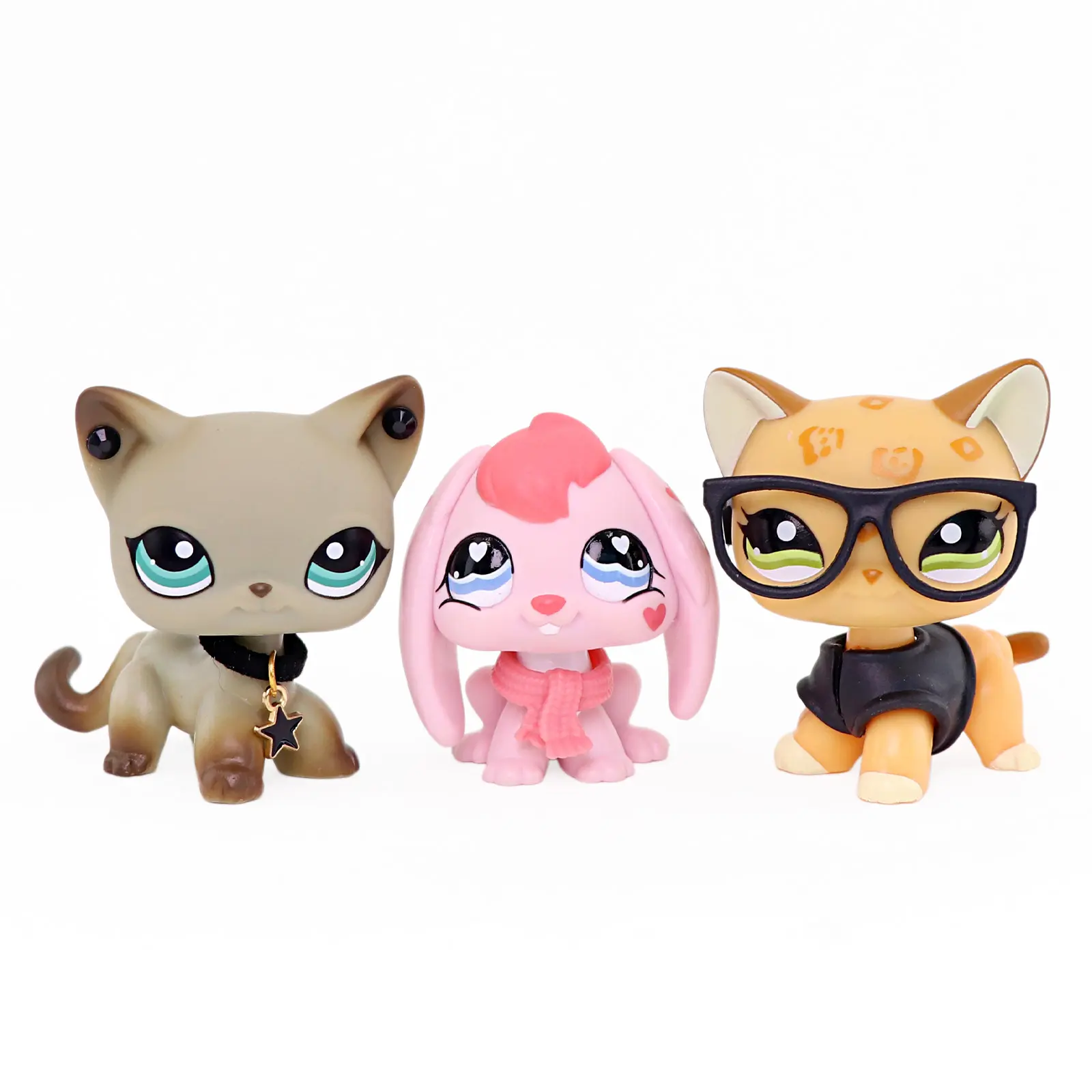 3 pcs Collectible Mini Pet Figurines, Cat & Bunny Animal Toy Set with Fashion Outfit Accessories, Cute Mini Figures for Kids Play & Diorama Decor