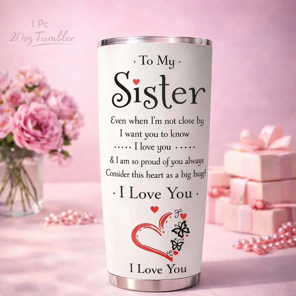 1 Pc 20oz Tumbler for Sister, Heartfelt Gift with Loving Message, Ideal for Birthdays, Holidays, and Special Occasions, I Love You Sister, Elegant Stainless Steel Thermos, Personalized Heart Design, Gift for Family